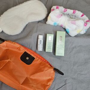 NWT Clinique Skincare Set w/ Orange Pouch, Skin Care Bundle Eye Mask & Headband